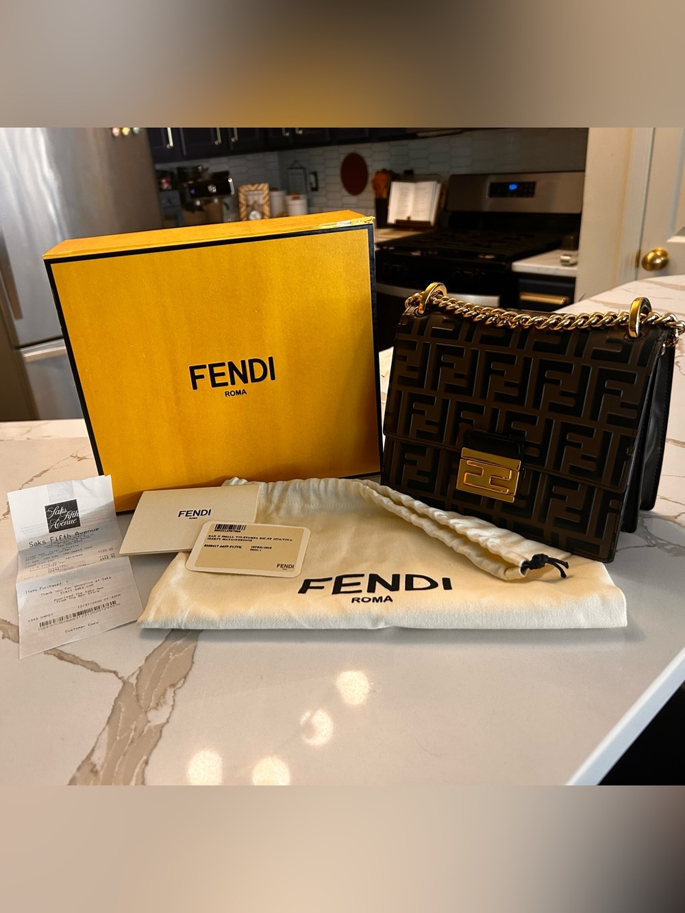 Fendi Brown FF Logo Chain Shoulder Bag with Gold Hardware